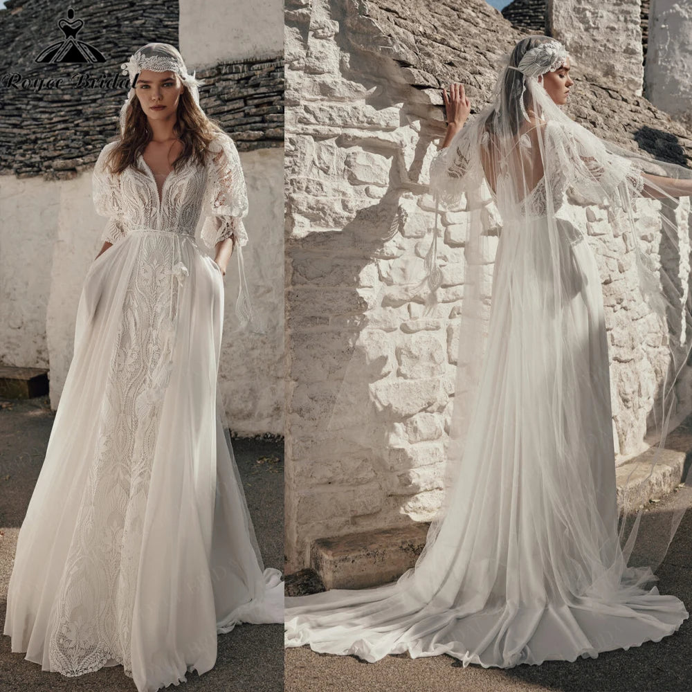 Custom Bohemian Lace A Line Wedding Dress Puff Sleeves Pockets Bridal Gown