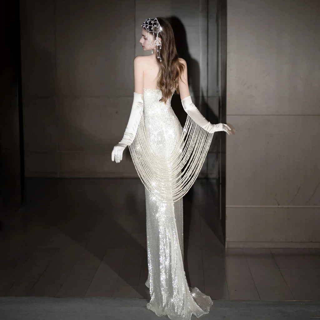 Luxurious Champagne White Sequin Formal Gown Strapless Sweetheart Neck and Sleeveless Evening Gala Gown Red Carpet Prom Dress