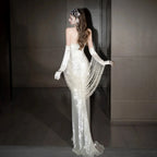 Luxurious Champagne White Sequin Formal Gown Strapless Sweetheart Neck and Sleeveless Evening Gala Gown Red Carpet Prom Dress