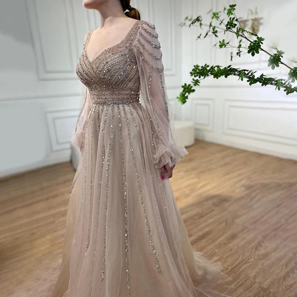 Serene Hill Customized Navy Long Sleeve Beaded Arabic Evening Dress