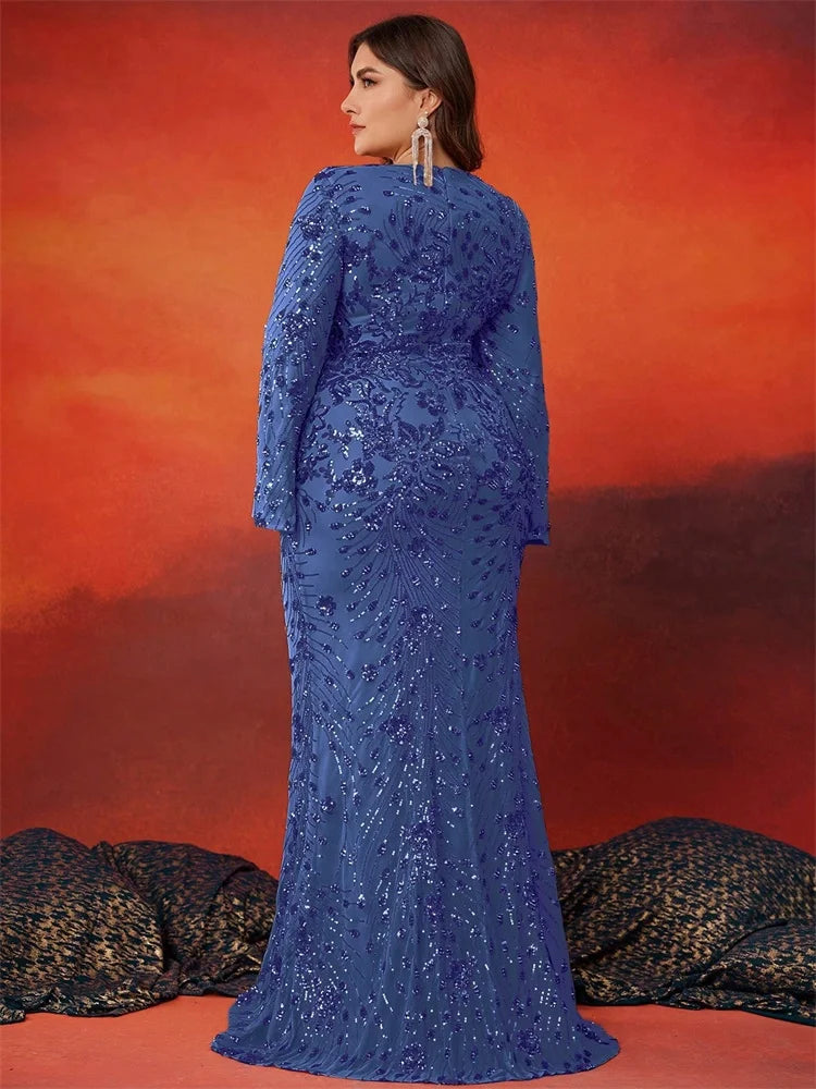 BLUEPLUM Plus Size Luxury Blue Evening Dresses Women 2025 Long Sleeve Mermaid Formal Sequins Prom Wedding Party Cocktail Gowns