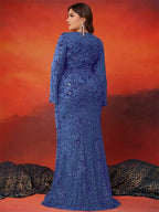 BLUEPLUM Plus Size Luxury Blue Evening Dresses Women 2025 Long Sleeve Mermaid Formal Sequins Prom Wedding Party Cocktail Gowns