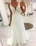 Vestido largo de fiesta blanco de gasa con encaje y escote en V Vestido de noche blanco de encaje S4622