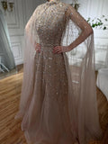 Customized Blue Beaded A Line Cape Sleeve Formal Evening Dress For Women
