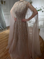 Customized Blue Beaded A Line Cape Sleeve Formal Evening Dress For Women