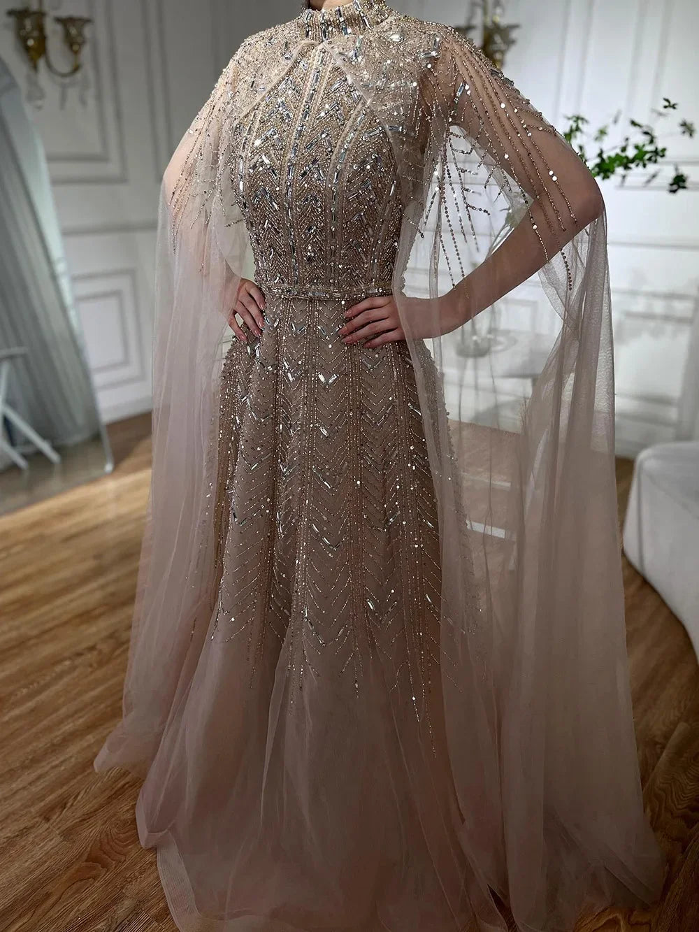 Customized Blue Beaded A Line Cape Sleeve Formal Evening Dress For Women