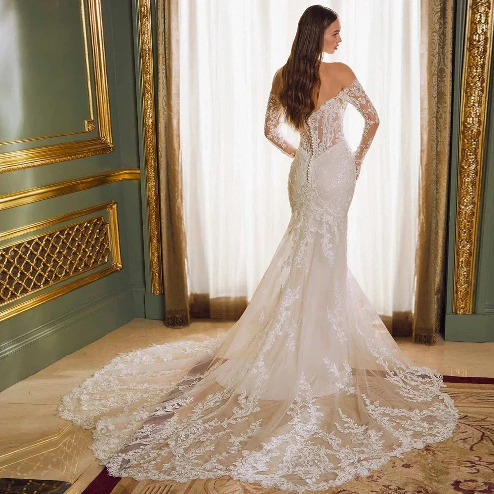 Custom Off Shoulder Mermaid Wedding Dress Lace Appliques Bridal Gown