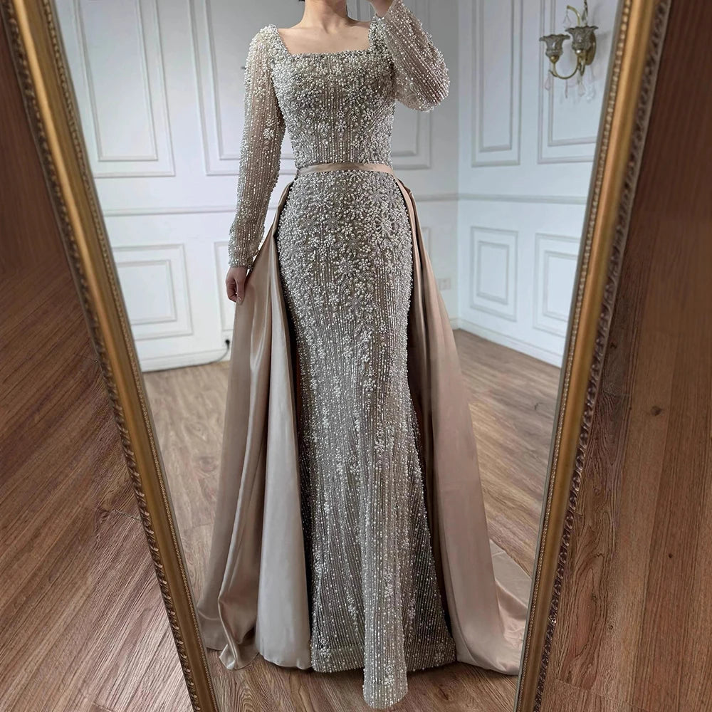 Serene Hill Turquoise Square Collar Mermaid Evening Dress With Long Sleeves