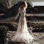 Modern V Neck Sequin Wedding Dress Long Sleeve Backless Bridal Gown