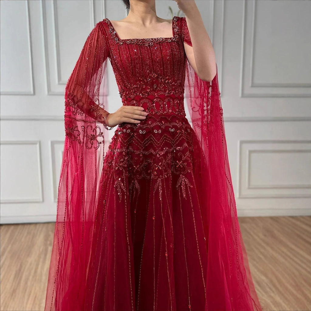 Red A Line Beaded Evening Dress For Women Cape Sleeve Custom Party Gown