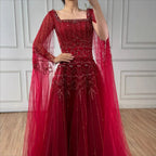 Red A Line Beaded Evening Dress For Women Cape Sleeve Custom Party Gown