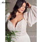 Custom Beaded Lace Wedding Dress Plus Size Boho Gown Detachable Sleeves