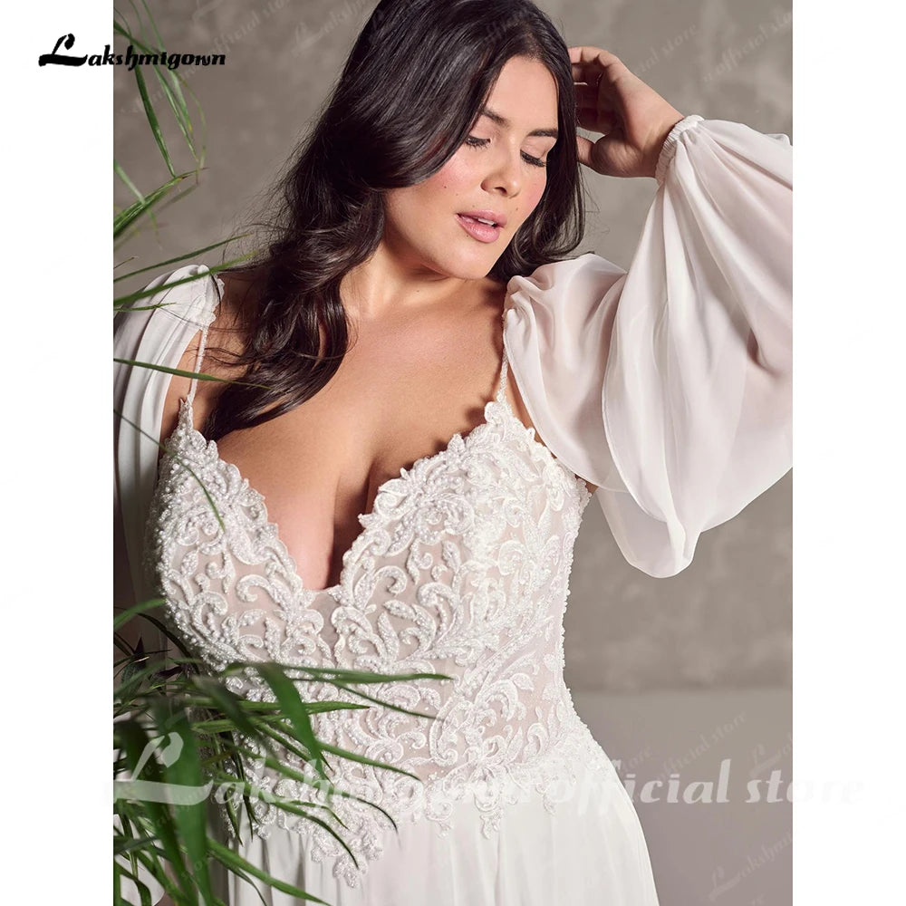 Custom Beaded Lace Wedding Dress Plus Size Boho Gown Detachable Sleeves