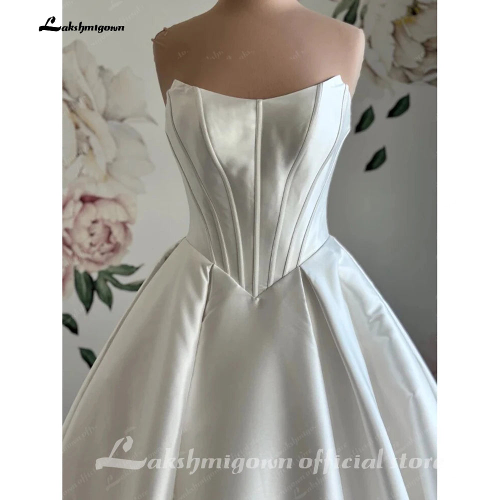 Custom A Line Strapless Satin Wedding Dress Lace Up Back Floor Length Gown