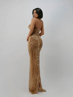 Vestido de noche lujoso con escote en V profundo dorado, sexy, con cuentas de cristales, personalizado para baile de graduación, brillante, largo hasta el suelo, vestidos de novia