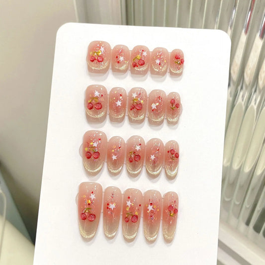 10 uñas postizas de cereza dulce para mujeres y niñas, brillantes, con sonrisa, ojo de gato, Y2k, estrellas, hechas a mano, con rubor suave. 