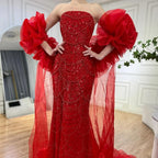 Custom Mermaid Evening Dress Pearl Beaded Strapless Wedding Cape Gown