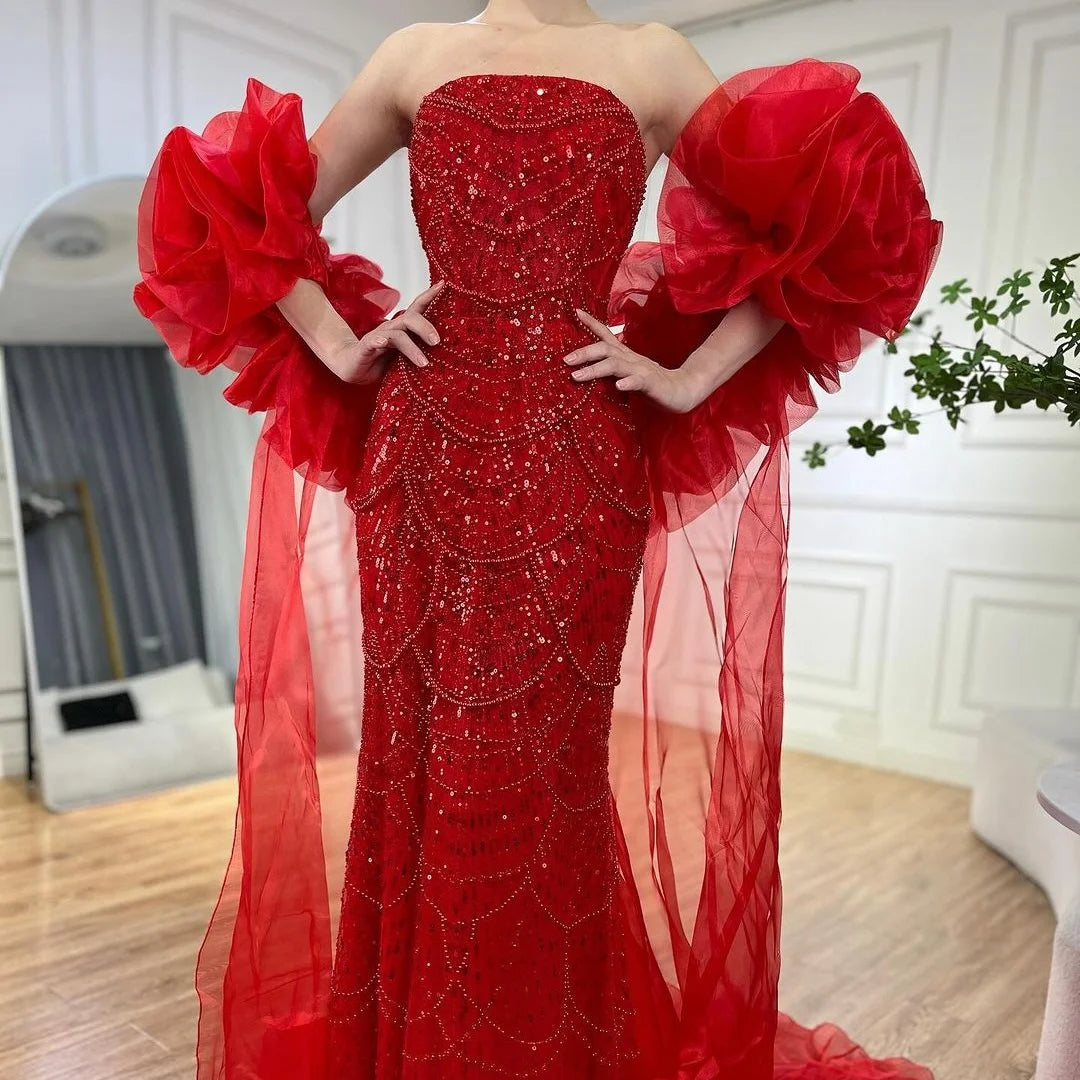 Custom Mermaid Evening Dress Pearl Beaded Strapless Wedding Cape Gown