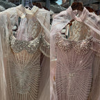 Serene Hill Pearl Beaded Caramel Mermaid Evening Dress With Sheer Cape Custom