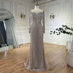 Customized Nude Long Sleeves Beaded Evening Dress With Pearl Gown For Women
