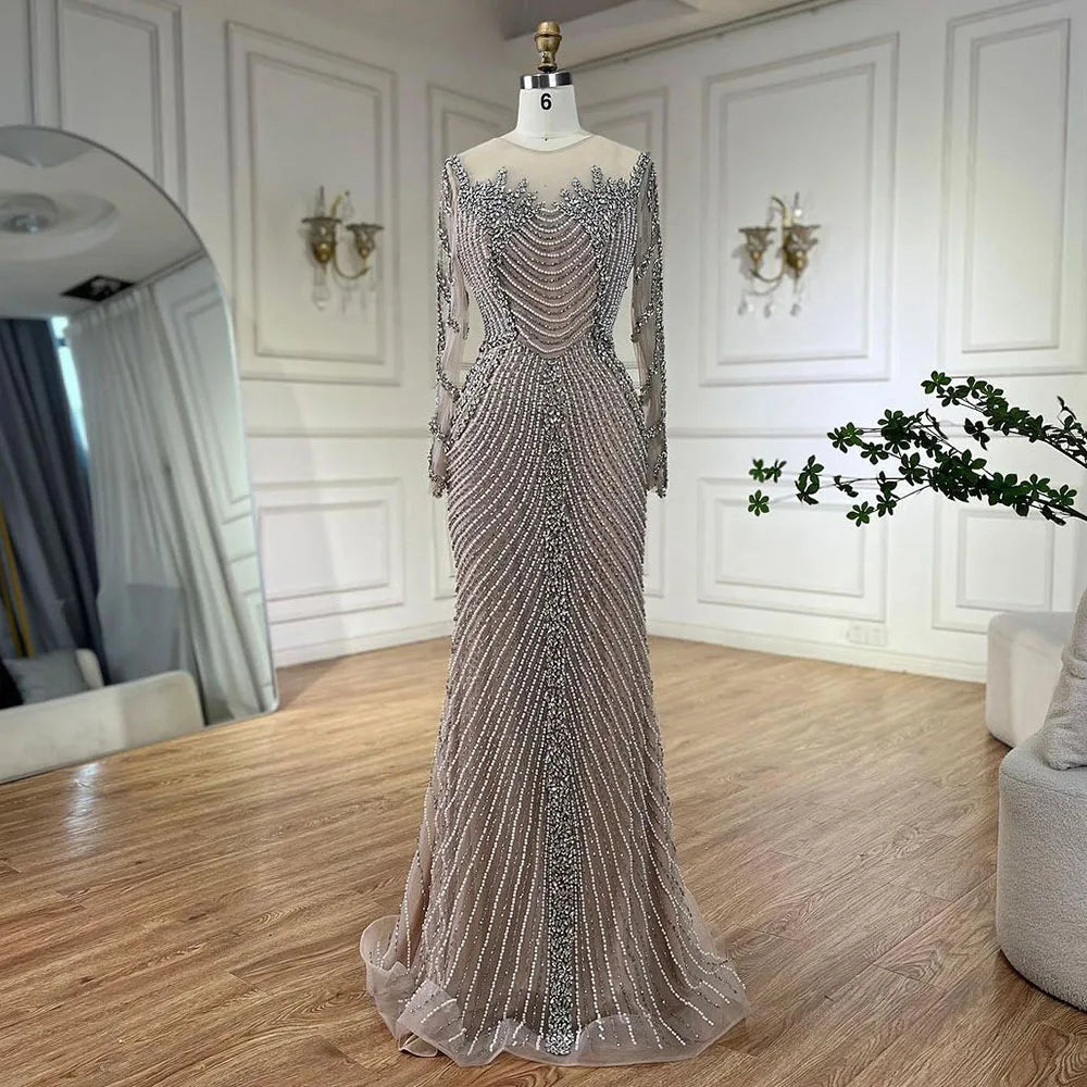 Customized Nude Long Sleeves Beaded Evening Dress With Pearl Gown For Women