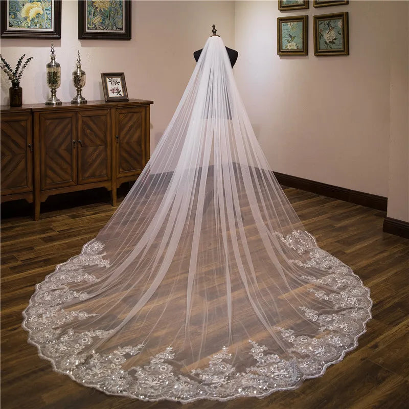 Elegant Cathedral Bridal Veil With Lace Appliques In White Ivory And Black