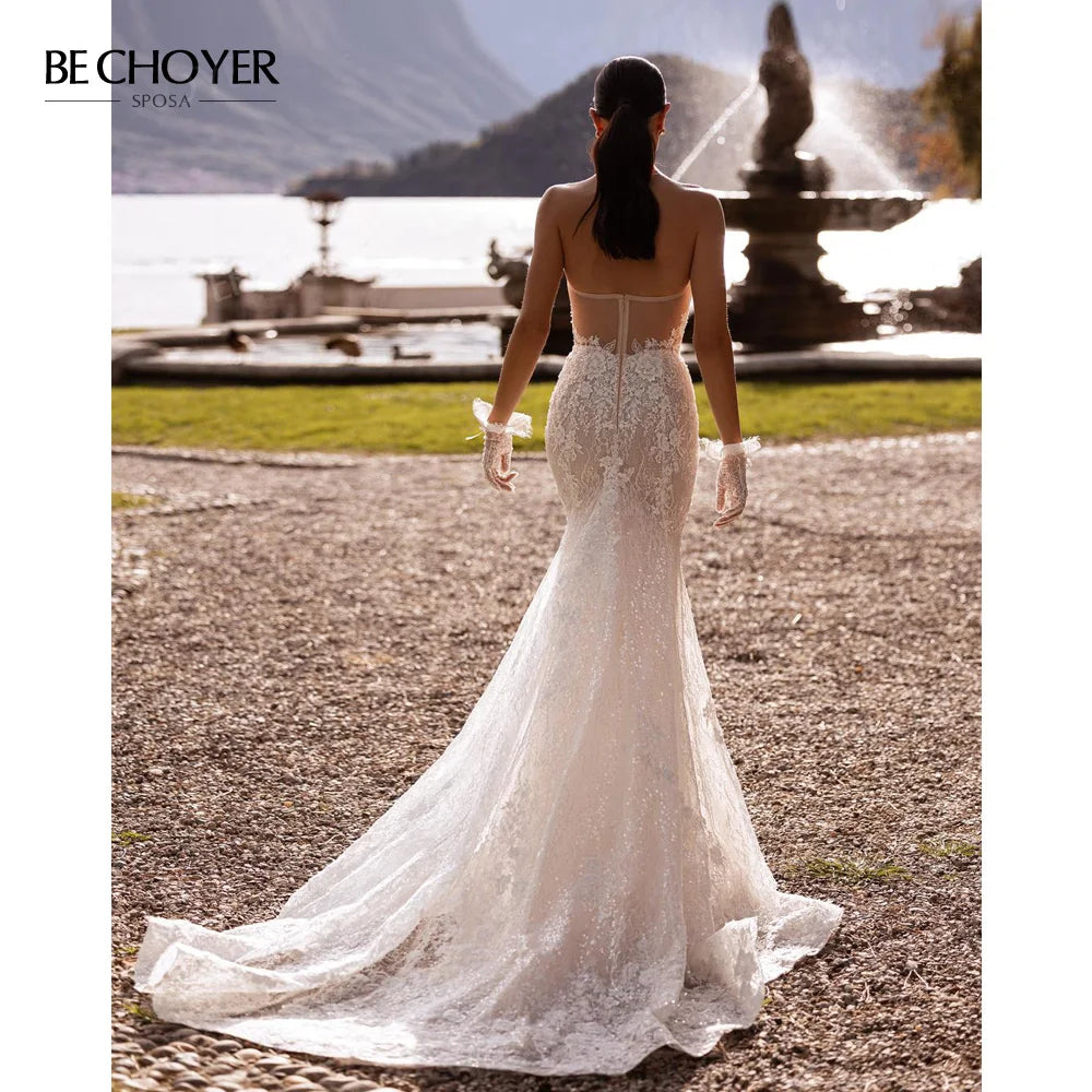 Sleeveless Mermaid Lace Wedding Dress Sweetheart Backless Custom Bridal Gown