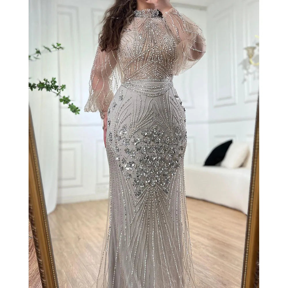 Custom Silver Beaded Mermaid Evening Dress With Full Sleeves For Women