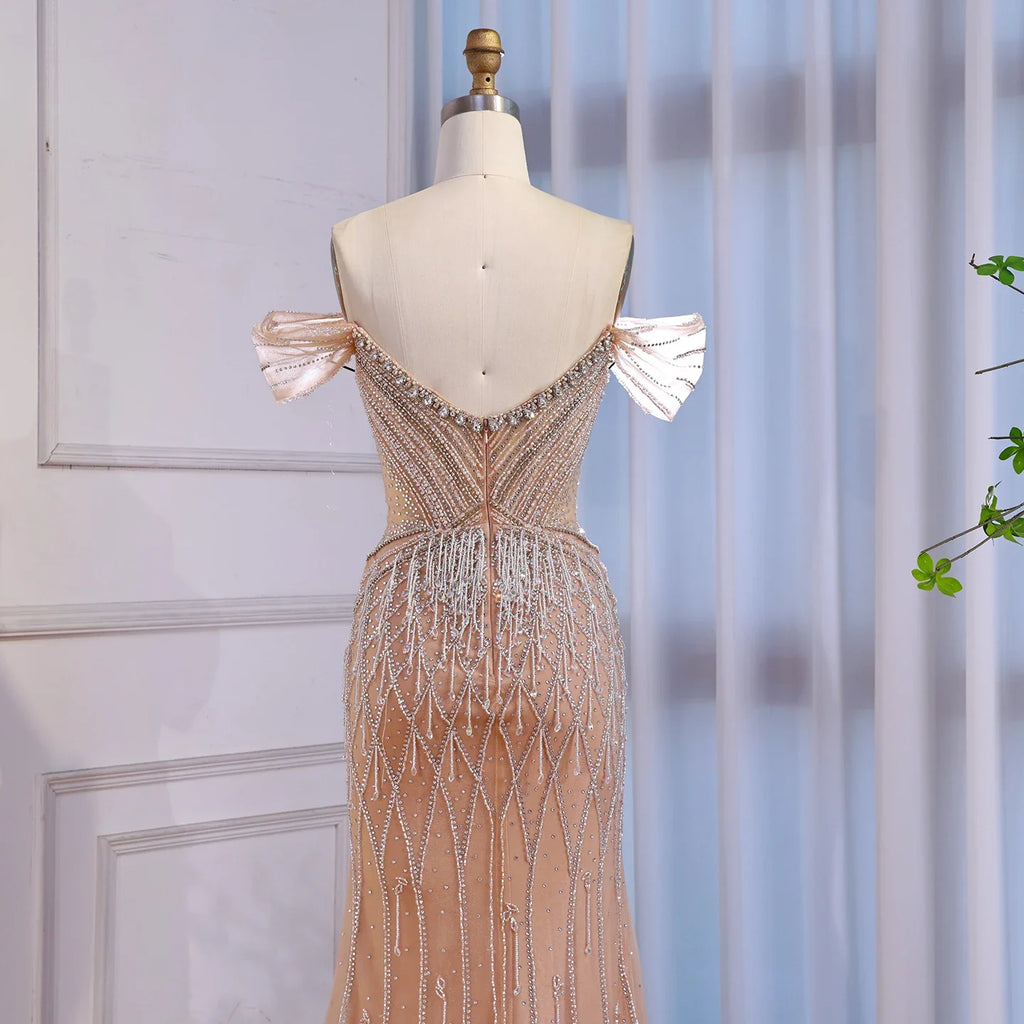 Luxury Nude Off Shoulder Beaded Tassel Evening Dress LA72854A