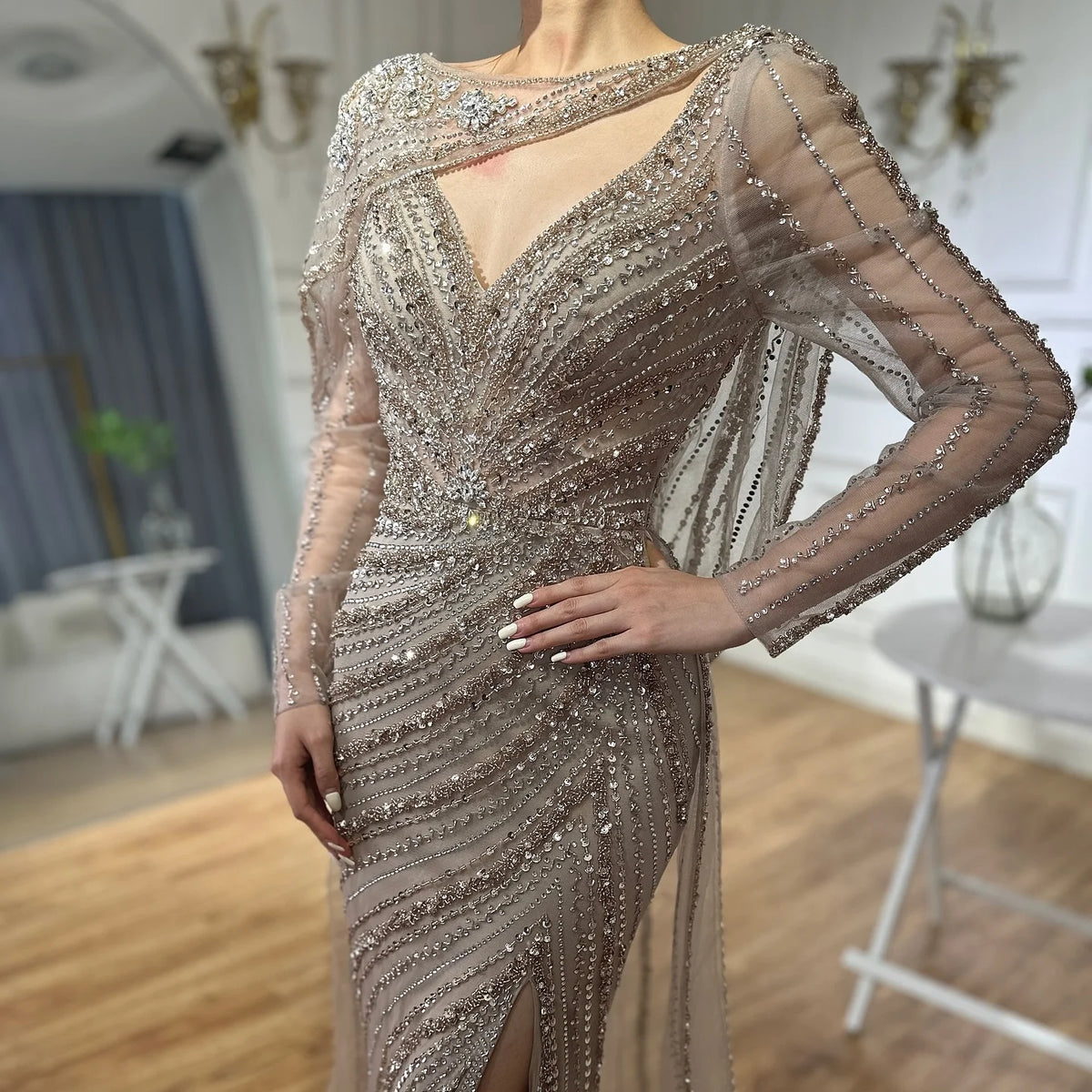 Customized Mermaid Beaded Evening Gown With High Split Wedding Dress For Women