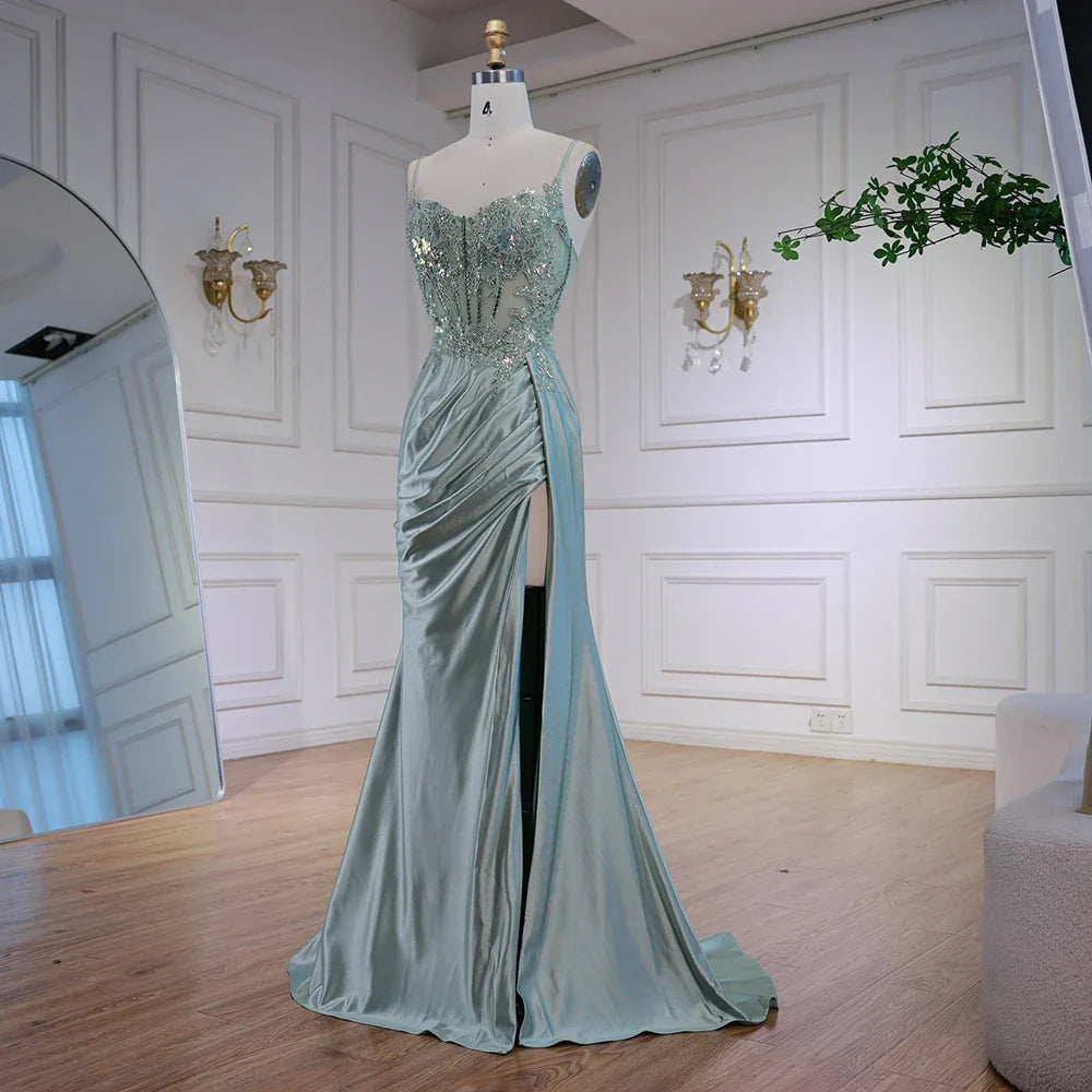 Luxury Mint Green Satin Beaded Prom Dress with Slit LA72995