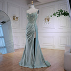 Luxury Mint Green Satin Beaded Prom Dress with Slit LA72995