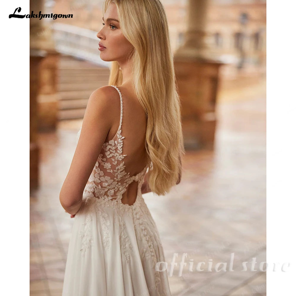 Custom V Neck Beach Wedding Dress With Spaghetti Straps And Applique Split