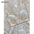 Custom Boho Lace Beach Wedding Dress V Neck Open Back Spaghetti Straps Gown