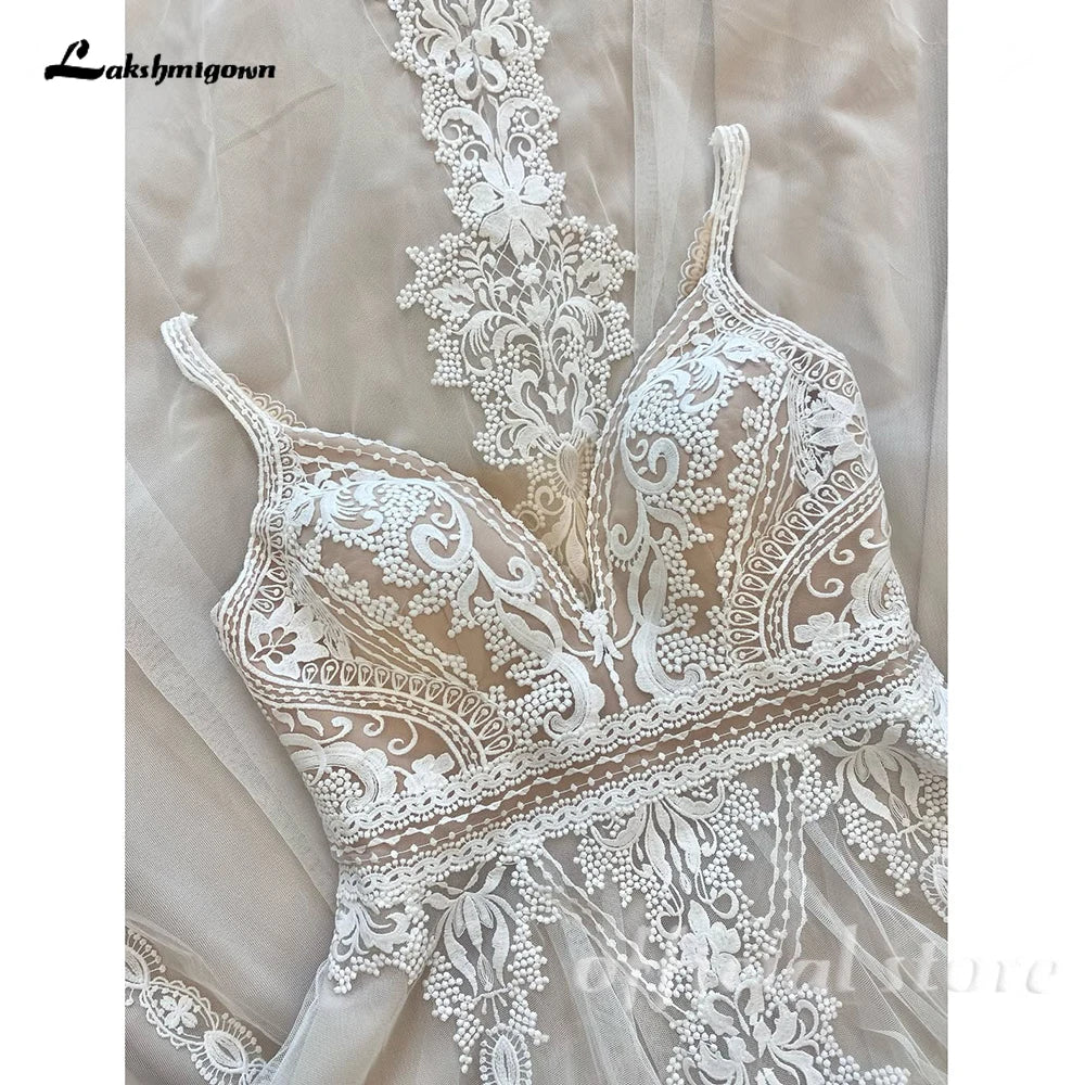 Custom Boho Lace Beach Wedding Dress V Neck Open Back Spaghetti Straps Gown