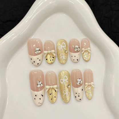 10 uñas postizas hechas a mano, estilo kawaii, almendra blanca, lazo francés, decoración, polvo dorado brillante, ojo de gato, uñas postizas dulces. 