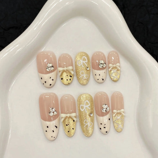 10 uñas postizas hechas a mano, estilo kawaii, almendra blanca, lazo francés, decoración, polvo dorado brillante, ojo de gato, uñas postizas dulces. 