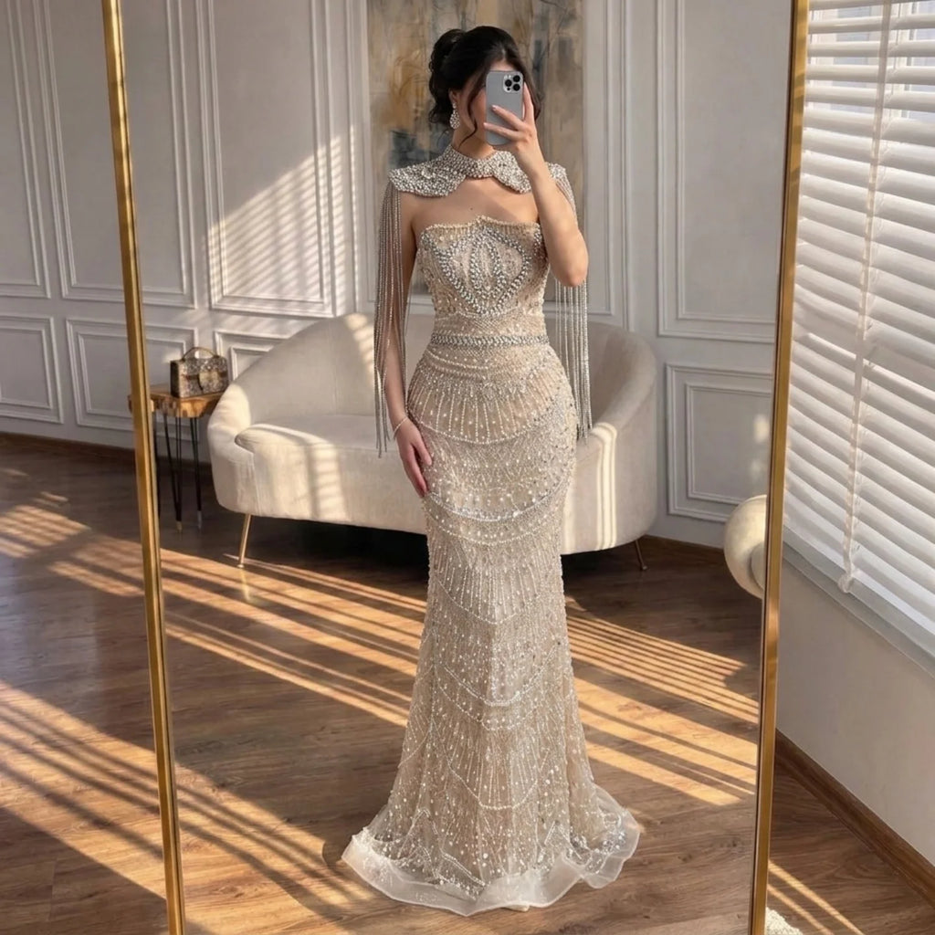 Luxury Beaded Mermaid Evening Gown With Tassel Cape For Women
