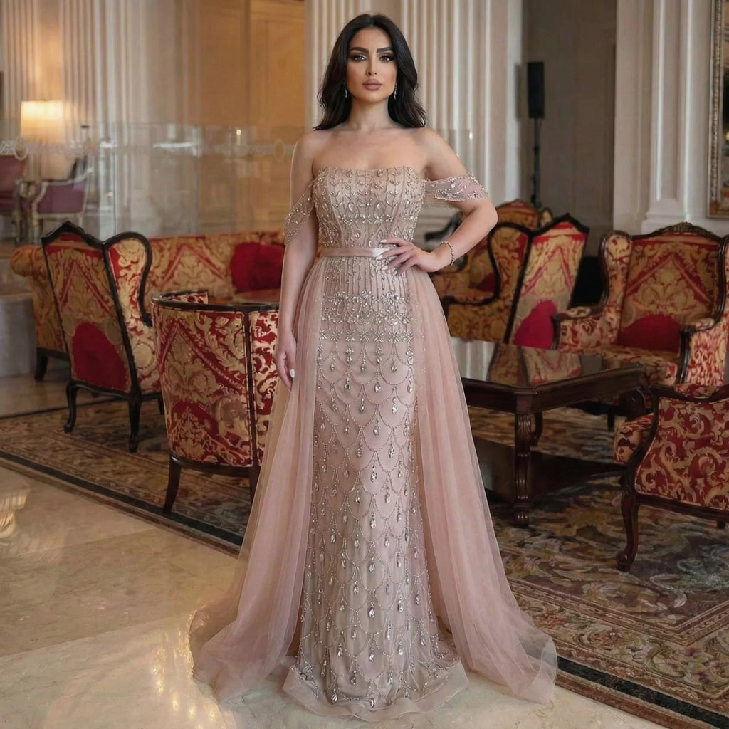 Customized Red Off Shoulder Mermaid Beaded Evening Dress For Women