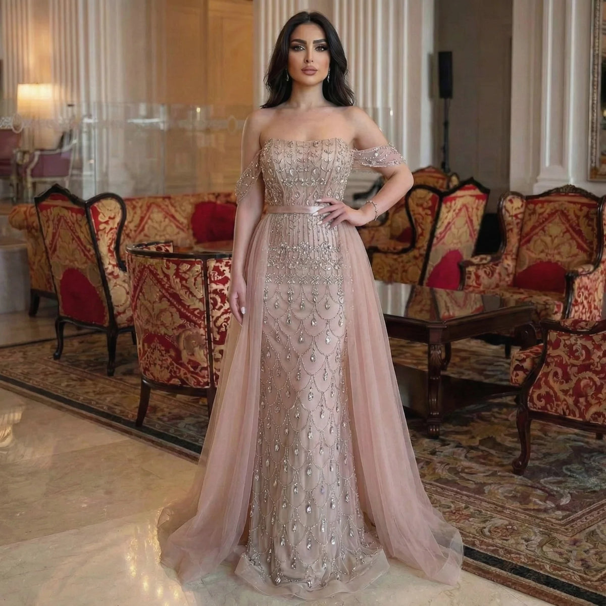 Customized Red Off Shoulder Mermaid Beaded Evening Dress For Women