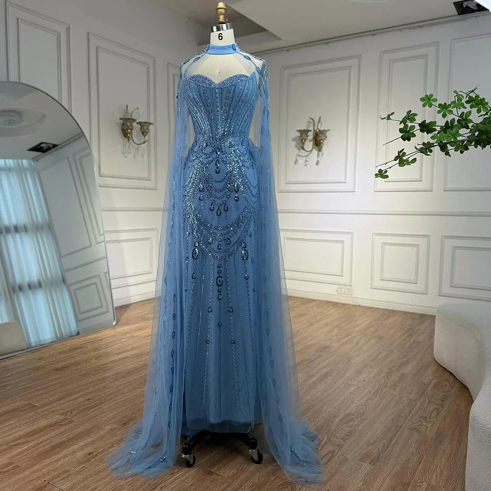 Luxury Blue Sequin Beaded Evening Dress with Cape Sleeves LA73108