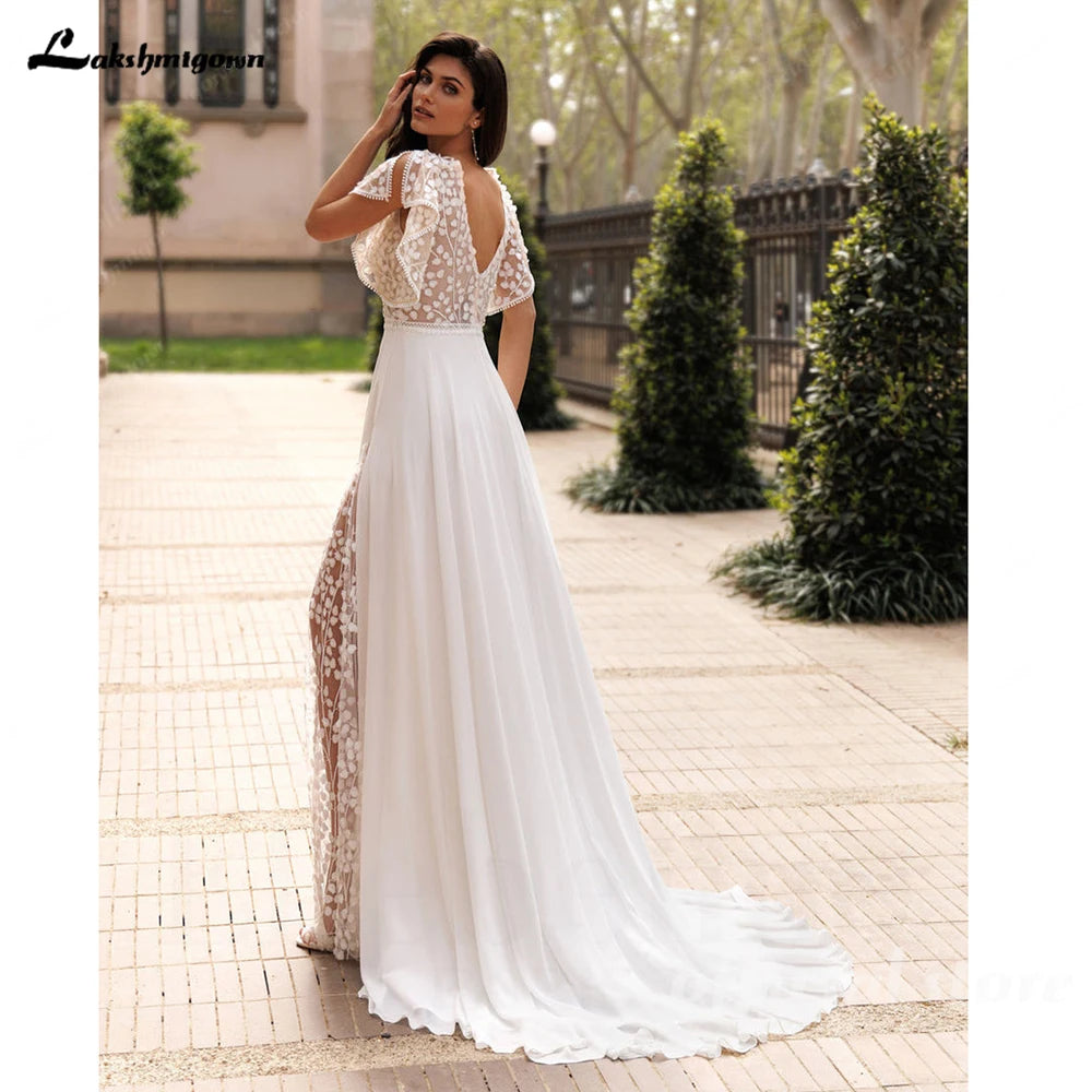 Lakshmigown Summer Boho Wedding Dress Beach Lace V Neck Custom Bridal Gown