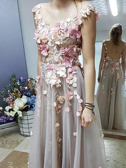 Vestito da sera lungo a fiori con scollo a U e linea a trapezio elegante Abiti da ballo applicati S15604