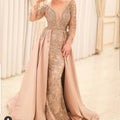Vestidos de fiesta de champán con manga larga, cuentas, lentejuelas, cola desmontable, cuentas de cristal, vestidos de noche S23375