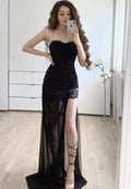 Vestido longo de renda preta para baile vestido de noite preto S15437