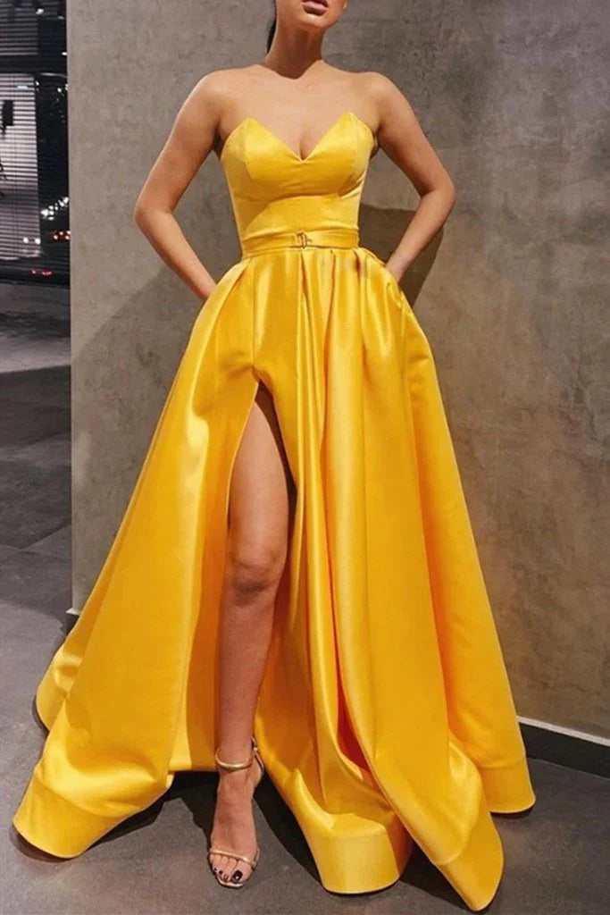 Strapless Sweetheart Neck Yellow Satin Long Prom Dress Long Yellow Formal Graduation Evening Dress with Slit S20761