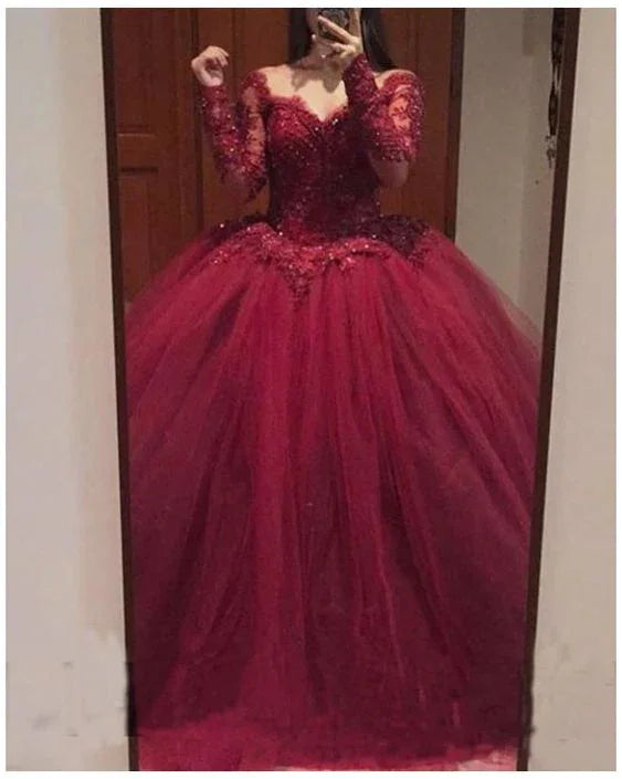 Abiti da ballo in tulle con maniche lunghe e applicazioni di pizzo bordeaux, abiti da cerimonia S20959