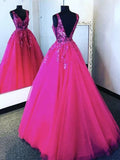 Abito da sera formale rosa acceso in tulle e pizzo con scollo a V, senza schienale, con fiori rosa acceso S23094