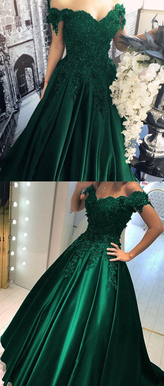Abito da sera in raso verde cacciatore con spalle scoperte, abito da ballo con applicazioni di pizzo S17661