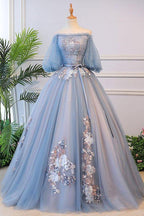 Vestido longo único de renda em tule azul para baile vestido de noite azul S13770